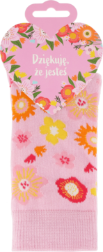 Eloy skarpety damskie różowe w kolorowe kwiaty, z sercem „Dziękuję, że jesteś”, rozmiar 35-40, widok z przodu.