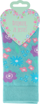 Eloy skarpety damskie turkusowe w kwiaty, z sercem "Dziękuję, że jesteś" na zawieszce, rozm. 35-40.