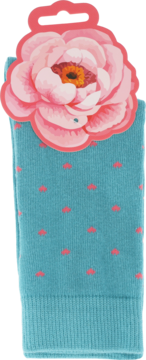 Eloy skarpety damskie, turkusowe w różowe kropki, ze ściągaczem i różową metką w kształcie piwonii.