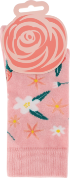 Eloy skarpety damskie różowe, we wzorze kwiatowym, rozmiar 35-40, z ozdobnym wieszakiem, widok z przodu.