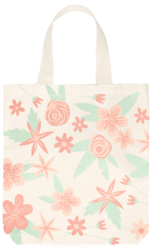 Eloy torba bawełniana we wzór 1, kremowa z brzoskwiniowymi kwiatami i zielonymi liśćmi, widok z przodu.