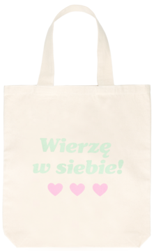 Eloy torba bawełniana ecru z napisem "Wierzę w siebie!" (miętowozielony) i trzema różowymi sercami, widok z przodu.