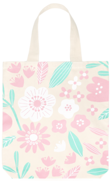 Eloy torba bawełniana wzór 3, beżowa z pastelowo-różowym i miętowym kwiatowym wzorem, widok z przodu.