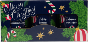 Zestaw prezentowy: granatowe pudełko z oknem, widoczne produkty Mięta & eukaliptus i Miod Lipowy, świąteczne wzory.