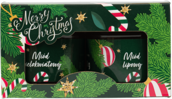 Świąteczny zestaw prezentowy w zielonym pudełku, z miodem wielokwiatowym i lipowym, ozdobiony gałęziami jodły.