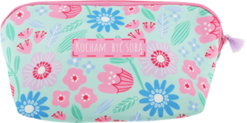 Eloy kosmetyczka wzór 2, miętowa z różowymi i niebieskimi kwiatami, różowy zamek, widok z przodu.