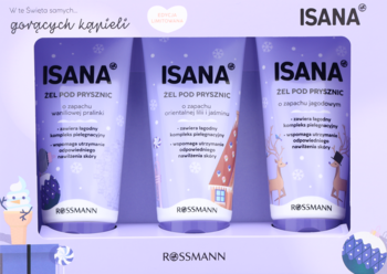 Fioletowy zestaw prezentowy Isana Żel pod prysznic, 3 tubki z zimowymi grafikami, marka Rossmann, widok z przodu.