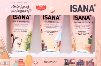 Zestaw prezentowy ISANA: żel pod prysznic, peeling i balsam do mycia ciała, w świątecznym pudełku Rossmann.