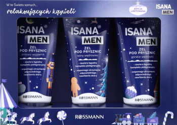 Zestaw prezentowy ISANA MEN Żel pod prysznic na Święta, 3 tubki w granatowym opakowaniu z zimowym motywem Rossmann.