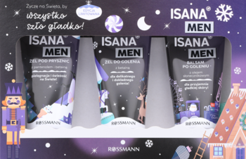 Zestaw prezentowy ISANA MEN z 3 kosmetykami męskimi w ciemnofioletowym pudełku z świątecznymi motywami, widok z przodu.