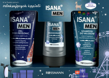 ISANA MEN zestaw świąteczny Rossmann: ciemnoniebieski żel pod prysznic, dezodorant i szampon z zimowym wzorem, widok z przodu.