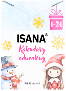 Ilustracja: ISANA kalendarz adwentowy Rossmann z bałwanem, elfem i płatkami śniegu. Numeracja 1-24 w prezencie.