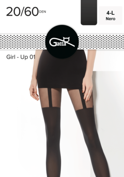 Czarne rajstopy Gatta Girl-Up 01, efekt pasa i imitacja podwiązek, 20/60 DEN, przód na modelce.
