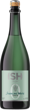 ISH Sparkling White alcohol-free drink, green glass bottle, cork, light green label with 'ISH' logo, front view.