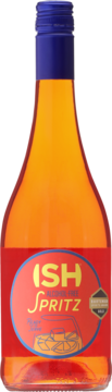 ISH Spritz alcohol-free cocktail bottle with vibrant orange liquid, blue cap, and red label with gold text, frontal view.