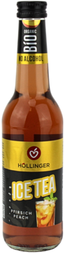 HÖLLINGER ICE TEA BIO Peach w szklanej butelce, widok z przodu, złoto-czarna etykieta z owocem.