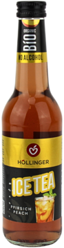 HÖLLINGER ICE TEA BIO Peach w szklanej butelce, widok z przodu, złoto-czarna etykieta z owocem.