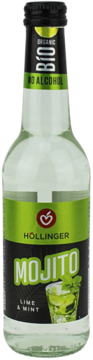 Butelka Hollinger Mojito Lime & Mint, organiczny napój bezalkoholowy, zielono-czarna etykieta z ilustracją mojito.