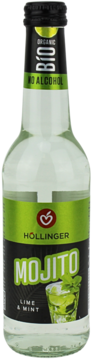 Butelka Hollinger Mojito Lime & Mint, organiczny napój bezalkoholowy, zielono-czarna etykieta z ilustracją mojito.