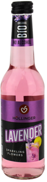 Różowy napój Hollinger Lavender Sparkling Flowers BIO, bez alkoholu, w szklanej butelce z czarno-fioletową etykietą.