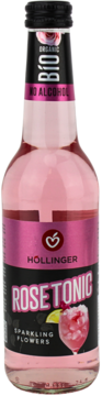 Hollinger Rose Tonic, organiczny napój bezalkoholowy, butelka z różowym płynem, czarno-różowa etykieta, widok z przodu.