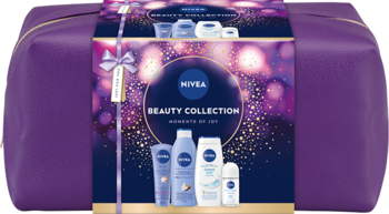 Fioletowy zestaw NIVEA Beauty Collection z kosmetyczką i 4 kosmetykami: żelem, mleczkiem, kremem do rąk i antyperspirantem.