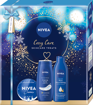 Zestaw NIVEA Cozy Care Skincare Treats: niebieskie pudełko ze złotymi śnieżynkami, w środku żel, balsam, krem.