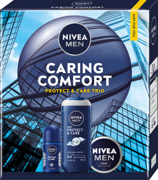 NIVEA MEN CARING COMFORT zestaw: niebieskie pudełko z żelem 3w1, antyperspirantem i kremem, widok z przodu.
