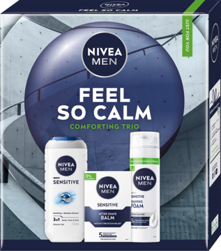 NIVEA MEN FEEL SO CALM zestaw do golenia wrażliwej skóry: pianka, balsam, żel 3w1 w niebieskim pudełku.