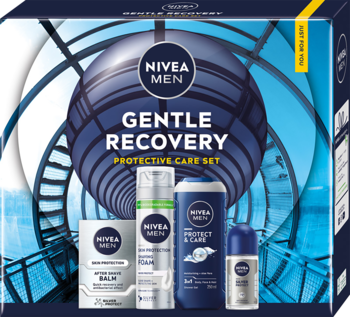 Zestaw NIVEA MEN Gentle Recovery w niebieskim pudełku. Widoczne: żel do golenia, balsam, żel pod prysznic, antyperspirant.