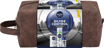 Zestaw NIVEA MEN Silver Control z 3 kosmetykami, w brązowej, pikowanej kosmetyczce, widok z przodu.