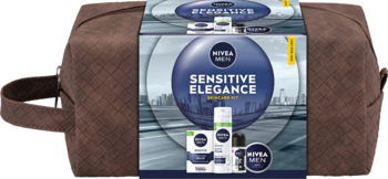 NIVEA MEN Sensitive Elegance zestaw w brązowej kosmetyczce, widok z przodu, produkty dla wrażliwej skóry.