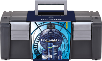 Zestaw NIVEA MEN TECH MASTER w ciemnoszarej skrzynce na narzędzia z uchwytem, widok z przodu.