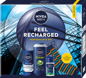 Niebieski zestaw NIVEA MEN FEEL RECHARGED z antyp. roll-onem, żelem, kremem do twarzy i kolorowymi skarpetkami.