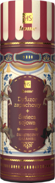 Hiskin świąteczna tuba w paski z karuzelowymi końmi, dyfuzor + świeca sojowa, zapach grzańca. Widok z przodu.