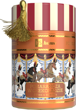 Hiskin świeca sojowa Pomarańcza w czekoladzie, cylindryczne opakowanie z karuzelą, czerwono-kremowe pasy.