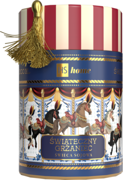 Hiskin świąteczna tuba na świecę 'Świąteczny Grzaniec', z pasami i karuzelą z końmi, złoty frędzel.