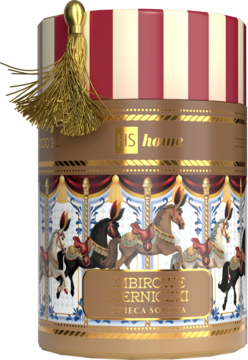 Hiskin tuba świąteczna z pierniczkami, biało-czerwone paski, złoty frędzel i wzór karuzeli, widok z przodu.