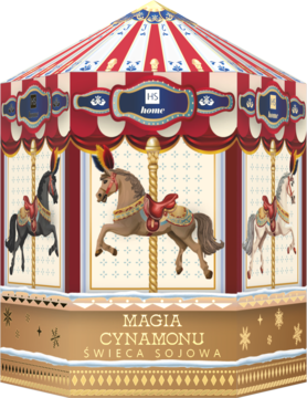 Hiskin świeca sojowa cynamon w kartoniku karuzeli, czerwono-białe paski, trzy konie, ujęcie z przodu.