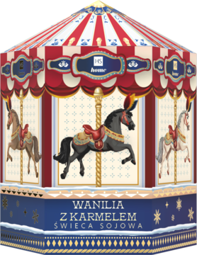 Świeca Hiskin Wanilia z Karmelem w pudełku karuzeli, czerwono-niebieskim, z białymi panelami i figurkami koni, widok z przodu.