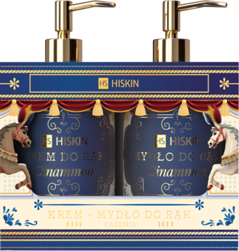 Hiskin zestaw: krem i mydło do rąk Cinnamon w niebieskim pudełku karuzeli z końmi, widok z przodu.