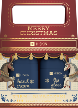 Hiskin Merry Christmas zestaw: czerwono-złote pudełko z kremem do rąk i błyszczykiem Słodka Pistacja, widok z przodu.