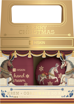 Zestaw świąteczny Hiskin: krem do rąk i ogrzewacz w złotym, otwartym pudełku Merry Christmas z karuzelą.