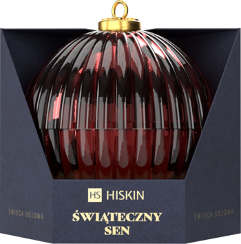 Hiskin Świąteczny Sen, bordowa świeca szklana w kształcie bombki, widok w otwartym granatowym pudełku.