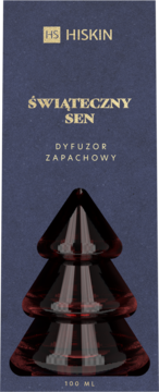 Hiskin dyfuzor zapachowy Świąteczny Sen w ciemnoniebieskim opakowaniu, z widocznym bordowym, szklanym dyfuzorem choinką. 100 ml.