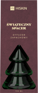 Hiskin Świąteczny Spacer dyfuzor zapachowy 100 ml w bordowym opakowaniu z zieloną szklaną choinką.