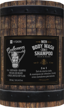 Hiskin 3-in-1 Body Wash & Shampoo w brązowej tubie przypominającej beczkę whisky, z czarną etykietą i brodatym logo.