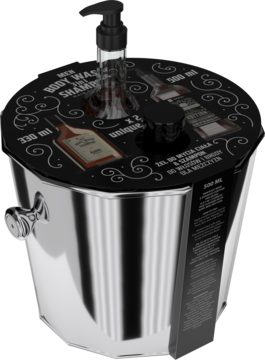 Zestaw Hiskin Gentelman: szampon whisky 330ml i żel gin 500ml w srebrnym coolerze z czarną pokrywą, widok z góry.