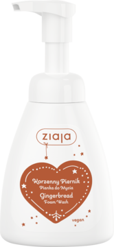Biała butelka z pompką Ziaja Korzenny Piernik Pianka do Mycia / Gingerbread Foam Wash, wegańska, widok z przodu.