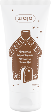 Biała tubka Ziaja Brownie Shower Gel z ilustracją brązowego domku z piernika i napisem 'Brownie', widok z przodu.